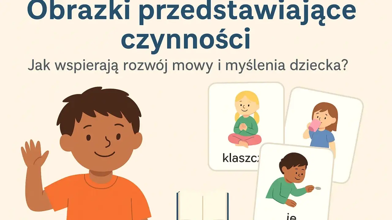Uśmiechnięty chłopiec, jak dwu letnie dziecko, macha ręką obok kart z czynnościami: dziewczynka pije, siedzi i chłopiec rzuca monetą.