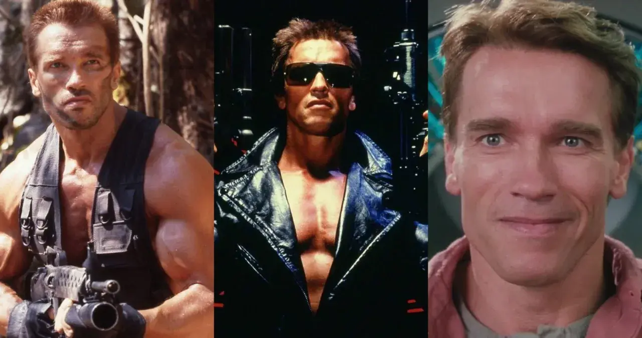 Arnold Schwarzenegger i tre ikoniska roller från sina filmer. Från djungeln med vapen till den tuffa Terminator.