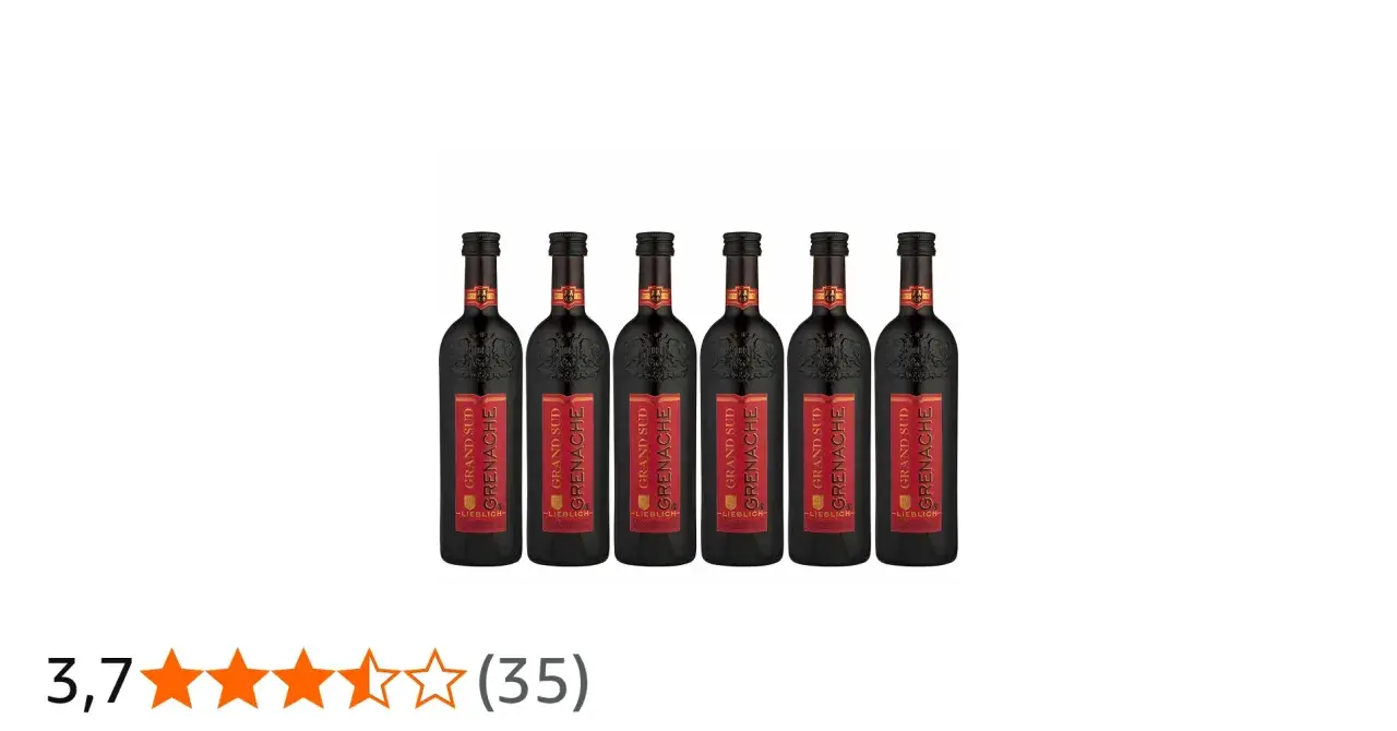 Sechs Flaschen Grand Sud Grenache Rotwein, lieblich ausgebaut, mit roten Etiketten und schwarzer Kappe.