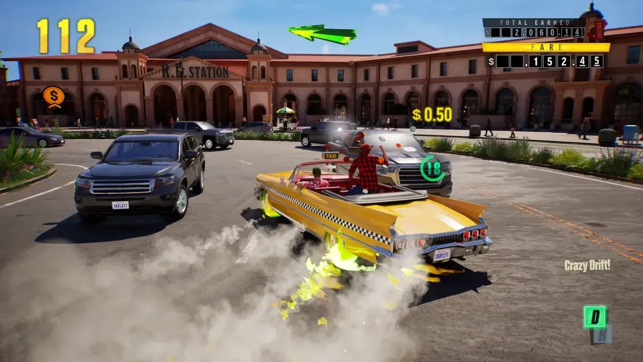 Żółta taksówka wykonuje szalony drift, zostawiając za sobą dym i zielone płomienie. Gra w stylu crazy taxi.