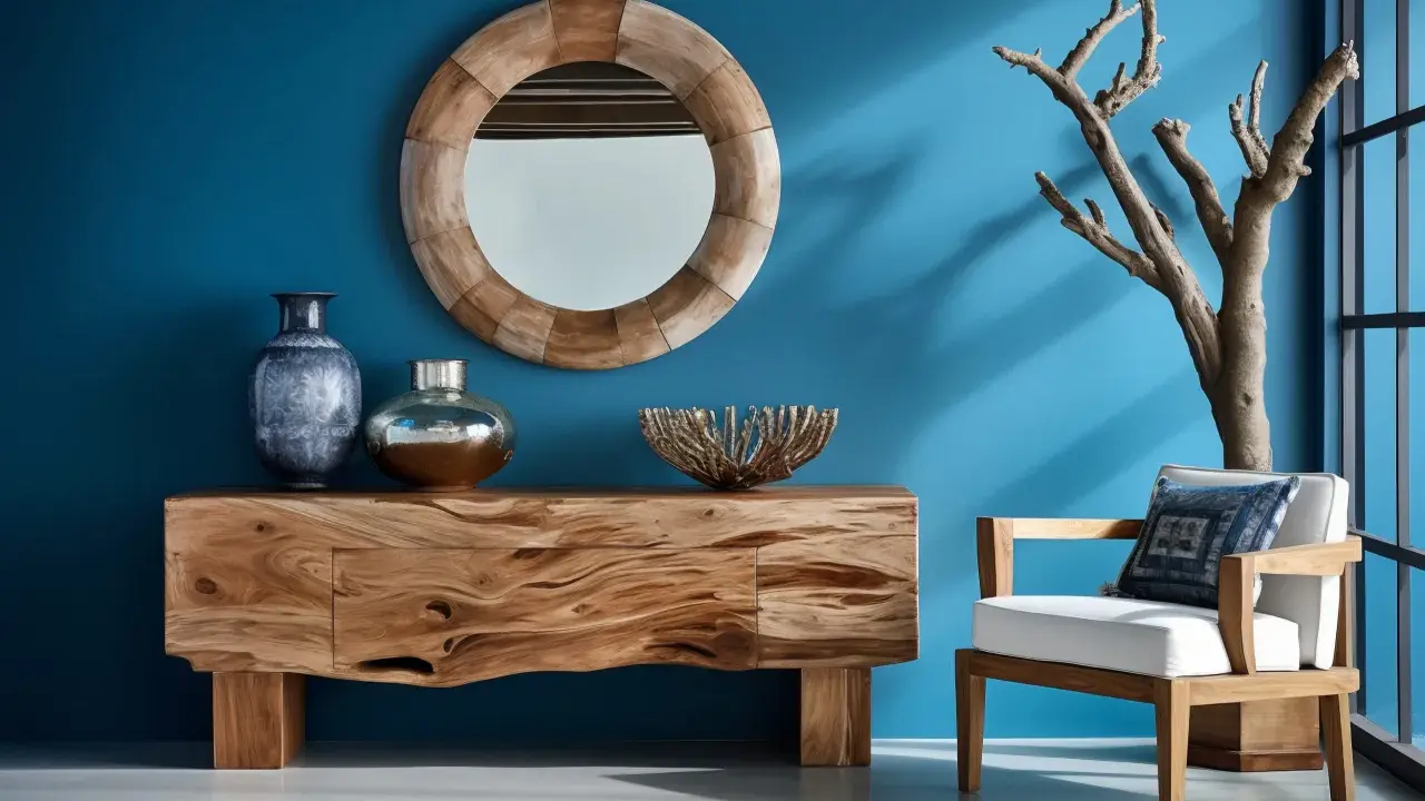 Console en bois brut, miroir rond, vases et fauteuil blanc. Une branche d'arbre sec ajoute une touche naturelle, une belle idée bois flotté.