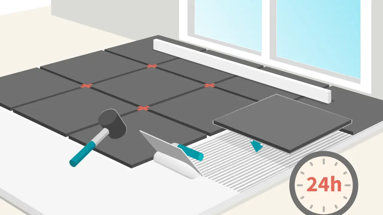 Illustration montrant par où commencer la pose d'un carrelage au sol. Outils et carreaux sont présents, avec une indication de 24h de séchage.