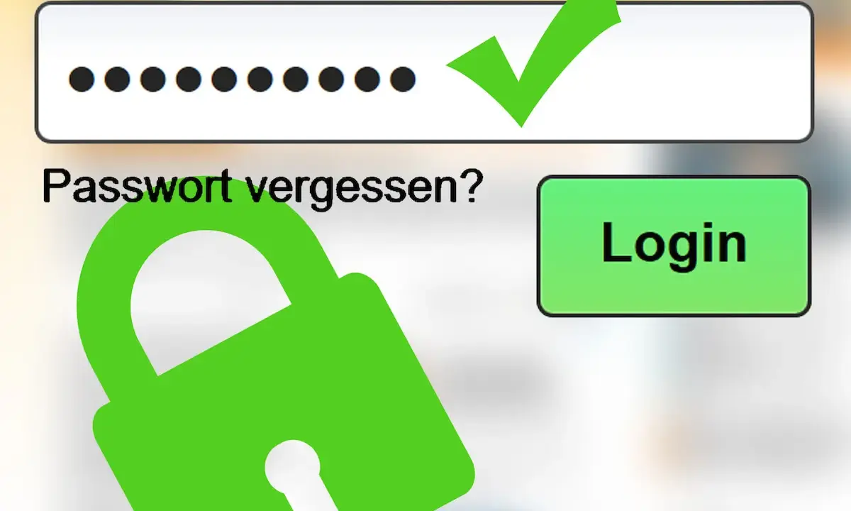 Login-Feld mit Punkten, Häkchen und Schloss-Symbol. "Passwort vergessen?" und "Login"-Button.
