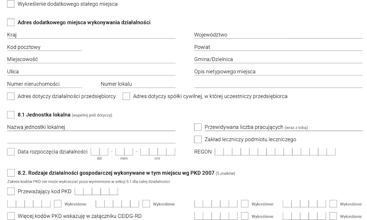 Formularz do wpisania danych o dodatkowym miejscu wykonywania działalności gospodarczej, w tym adres i kody PKD.