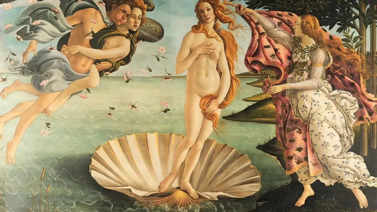 La Naissance de Vénus, chef-d'œuvre de Botticelli à Florence, dépeint la déesse sur une coquille, accueillie par les Vents et une Hora.