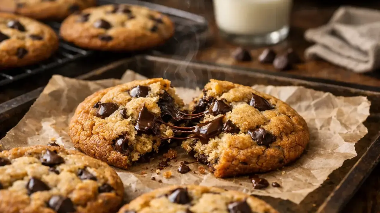 Délicieux cookies sans oeuf aux pépites de chocolat, encore chauds et fondants, sur une plaque de cuisson.