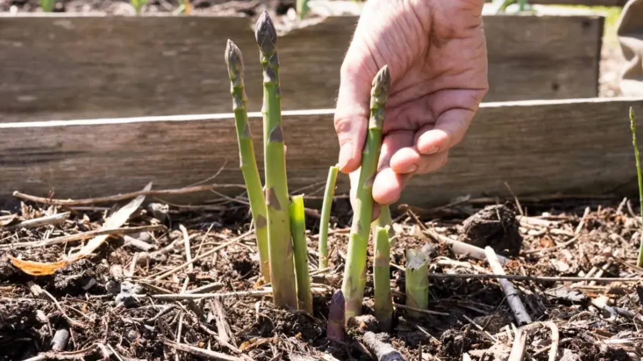 A hand gently plucks a fresh asparagus spear from the soil, demonstrating how to harvest asparagus.