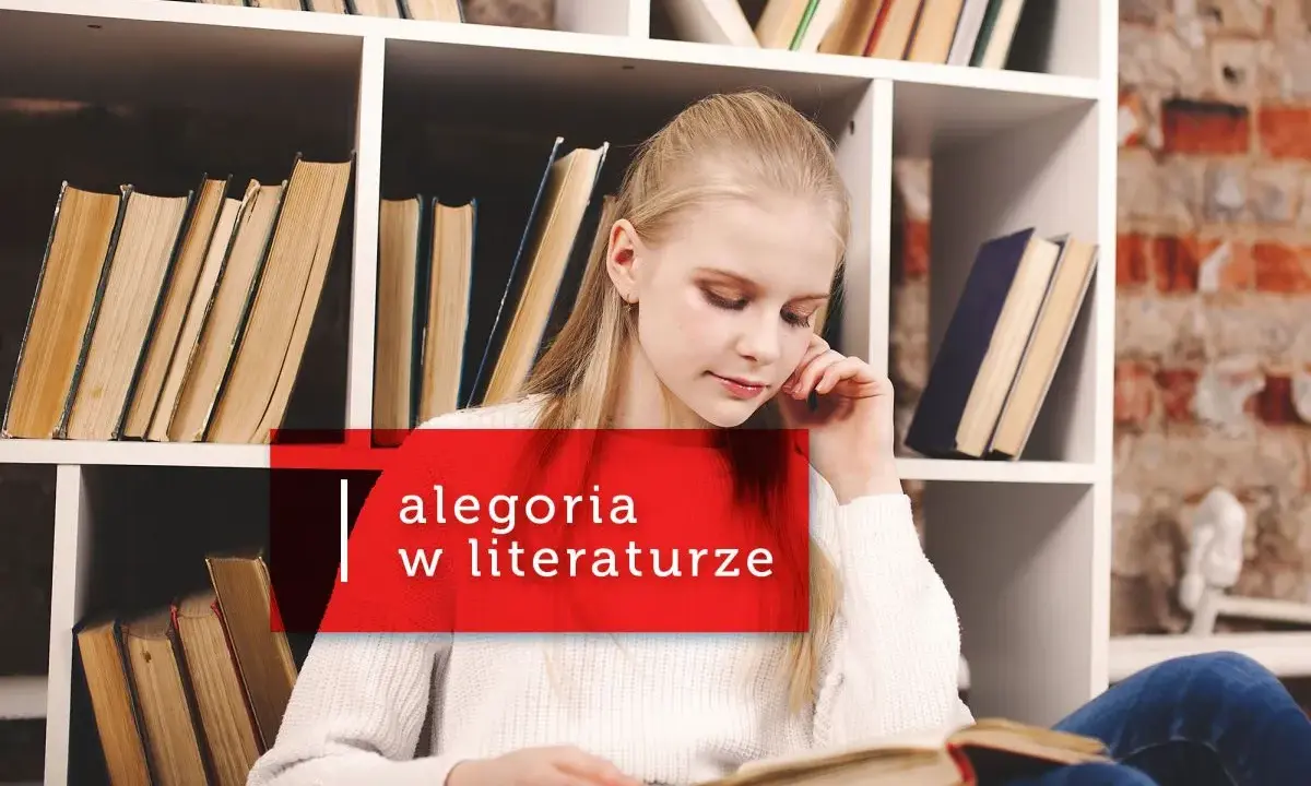 Dziewczynka zamyślona nad książką, otoczona regałami pełnymi literatury. To obraz, który może symbolizować alegorię poszukiwania ukrytych znaczeń w tekstach.