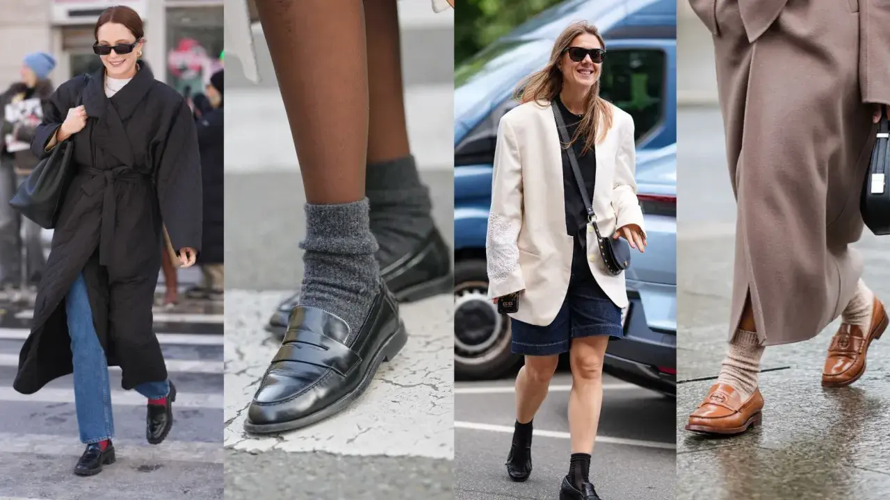 Women's loafers styled with socks: grey ribbed socks with black loafers, sheer black socks with black loafers, and beige ribbed socks with brown loafers.