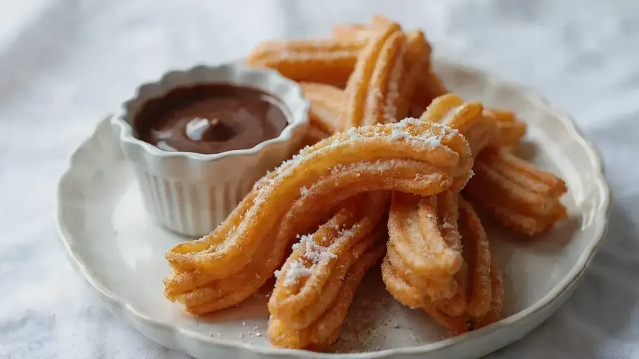 Churros co to? Złociste, chrupiące paluszki posypane cukrem pudrem, idealne do maczania w gorącej czekoladzie. Pyszna przekąska!