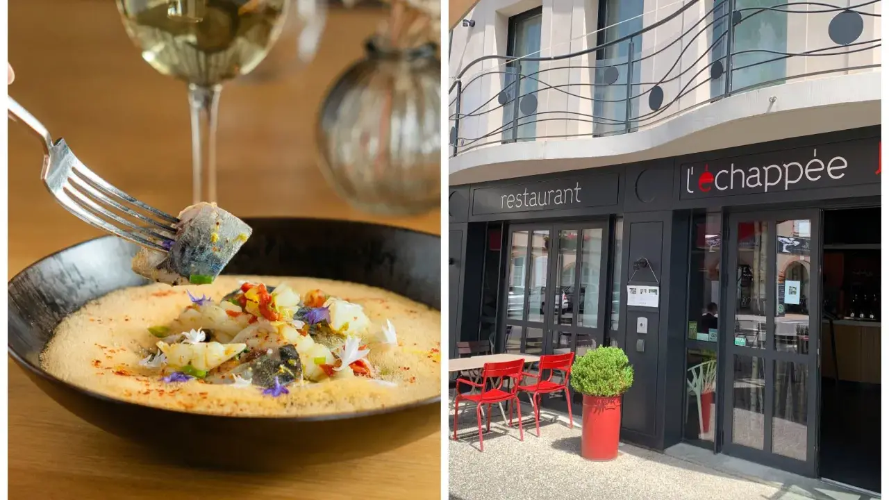 Délicieuse nourriture française dans un restaurant élégant. Un plat de poisson savoureux avec une touche de couleur, servi avec du vin blanc.