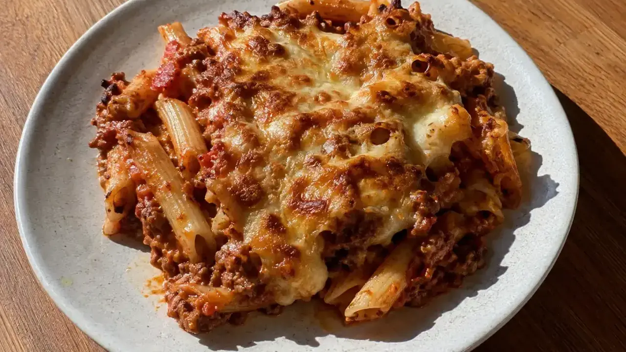 En tallrik med gratinerad pasta med köttfärssås och smält ost. En riktig klassiker som värmer själen.