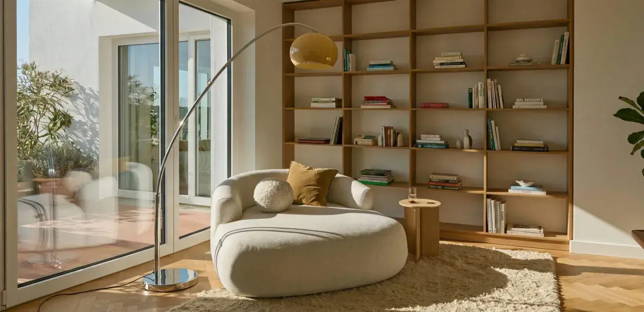 Un accogliente angolo lettura con divanetto curvo, libreria in legno e lampada ad arco. Perfetto per creare le tue idee angolo lettura.