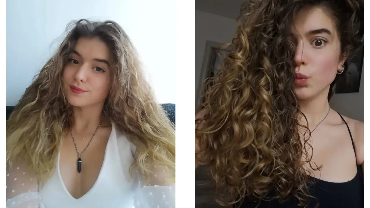 Avant : cheveux mi-longs, ondulés et un peu frisottis. Après : cheveux bouclés, brillants et pleins de vie.