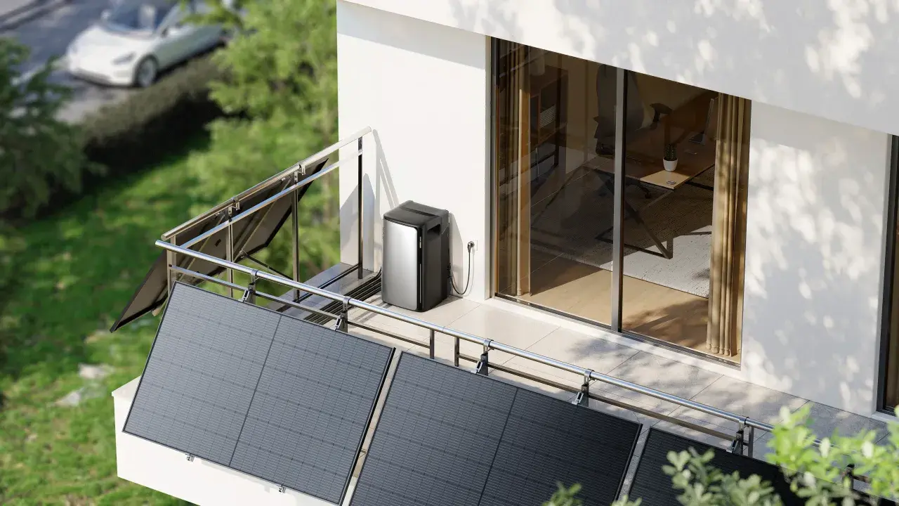 Solceller på en balkong, med en **longi 410w full black** panel i förgrunden. En laddbox står bredvid.