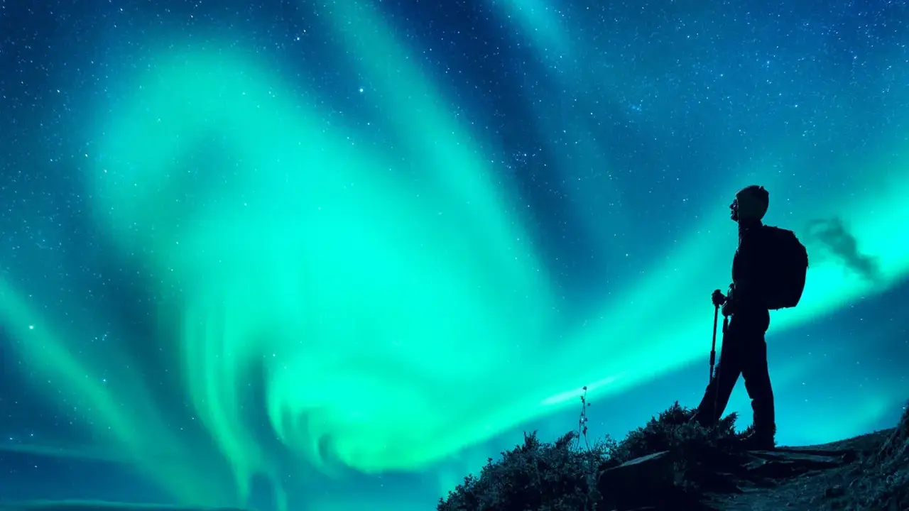Vandrare ser norrsken över en stjärnklar himmel. En magisk upplevelse att fota norrsken i Lappland.