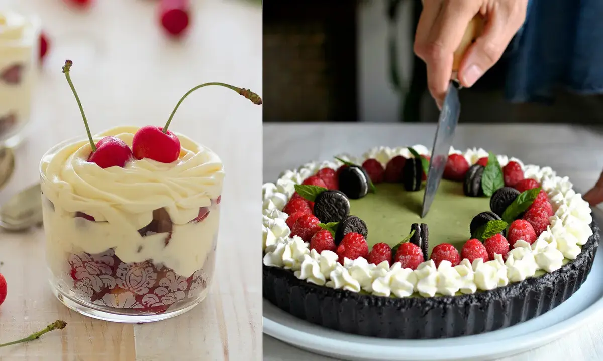 Deliciosos dulces de verano: un postre de cerezas y crema en vaso y un pastel de matcha decorado con frambuesas y galletas.