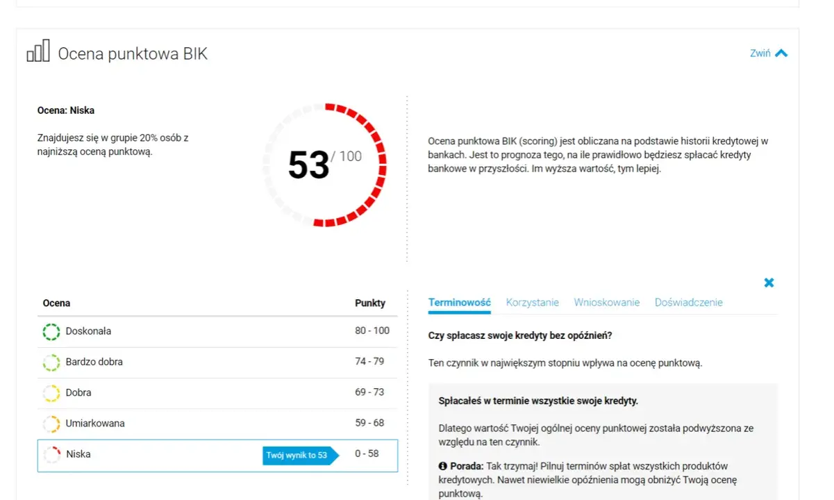 Ocena punktowa BIK (scoring) to 53/100. Niska ocena oznacza, że jesteś w grupie 20% osób z najniższym scoringiem.