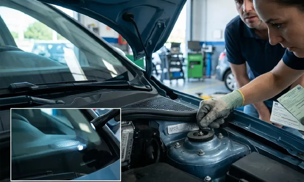 Mecánicos revisan los números para troquelar chasis en un coche. Un detalle muestra el número de identificación del vehículo grabado en el parabrisas.