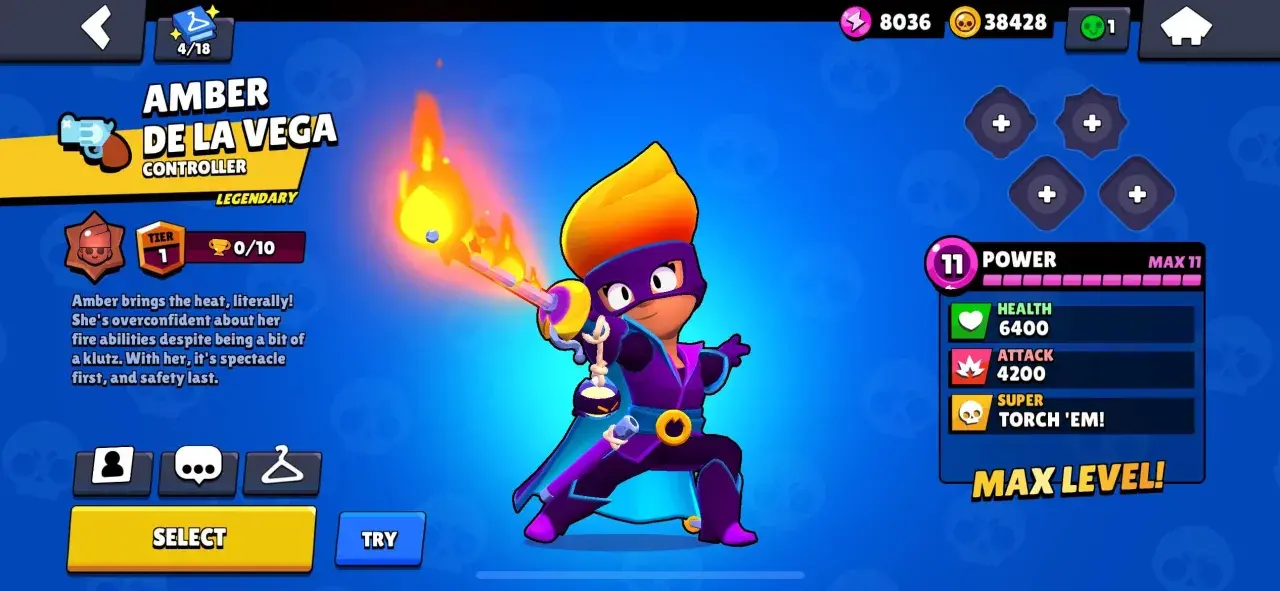 Amber De La Vega, postać z gry Brawl Stars, w stroju kontrolera z płonącym mieczem.