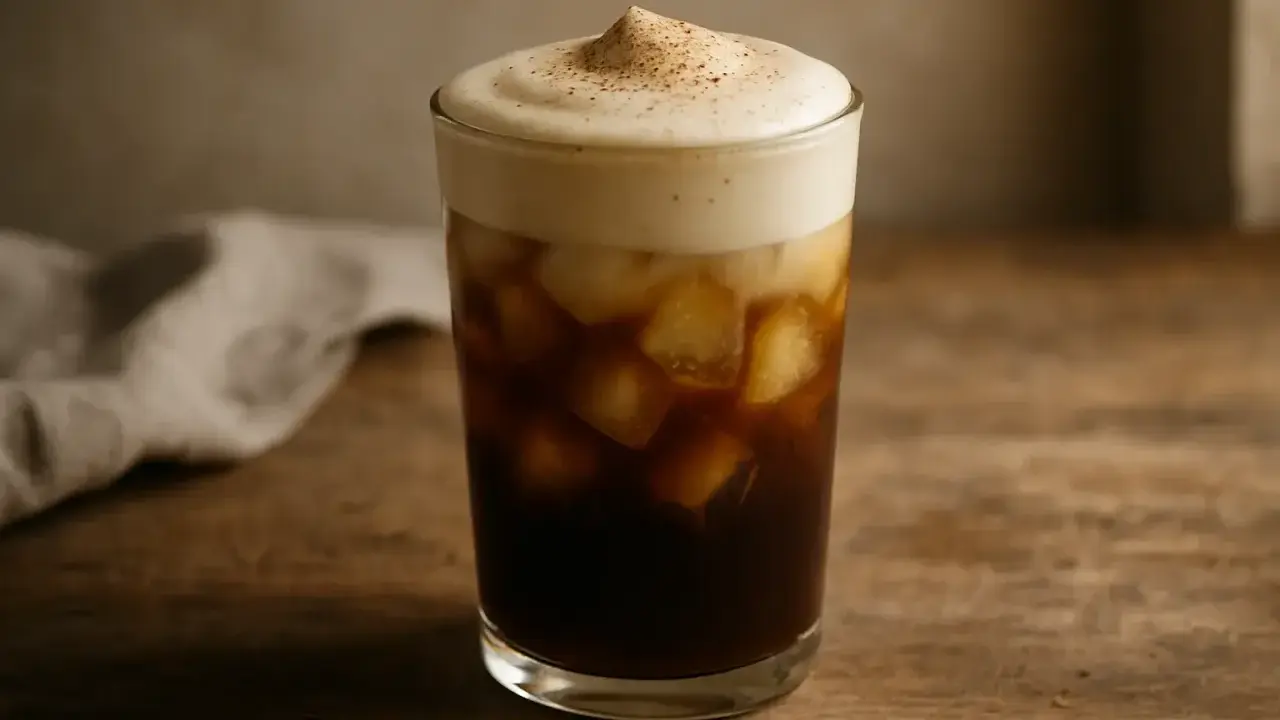 Erfrischender kalter Cappuccino mit cremigem Schaum und Eiswürfeln. Ein tolles Rezept für heiße Tage.