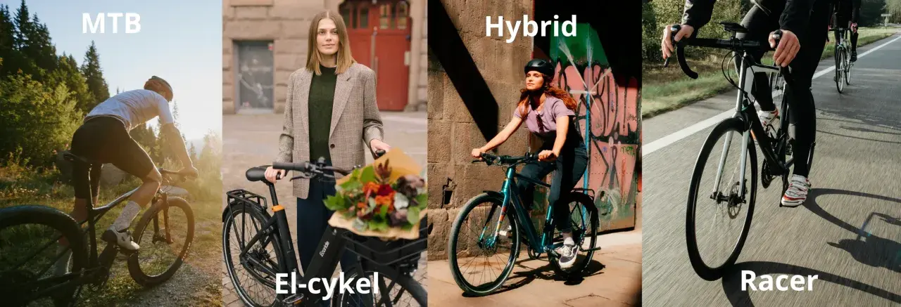 En person cyklar på mtb leder i skogen. En annan person på elcykel med blommor. En hybridcykel och en racer på vägen.