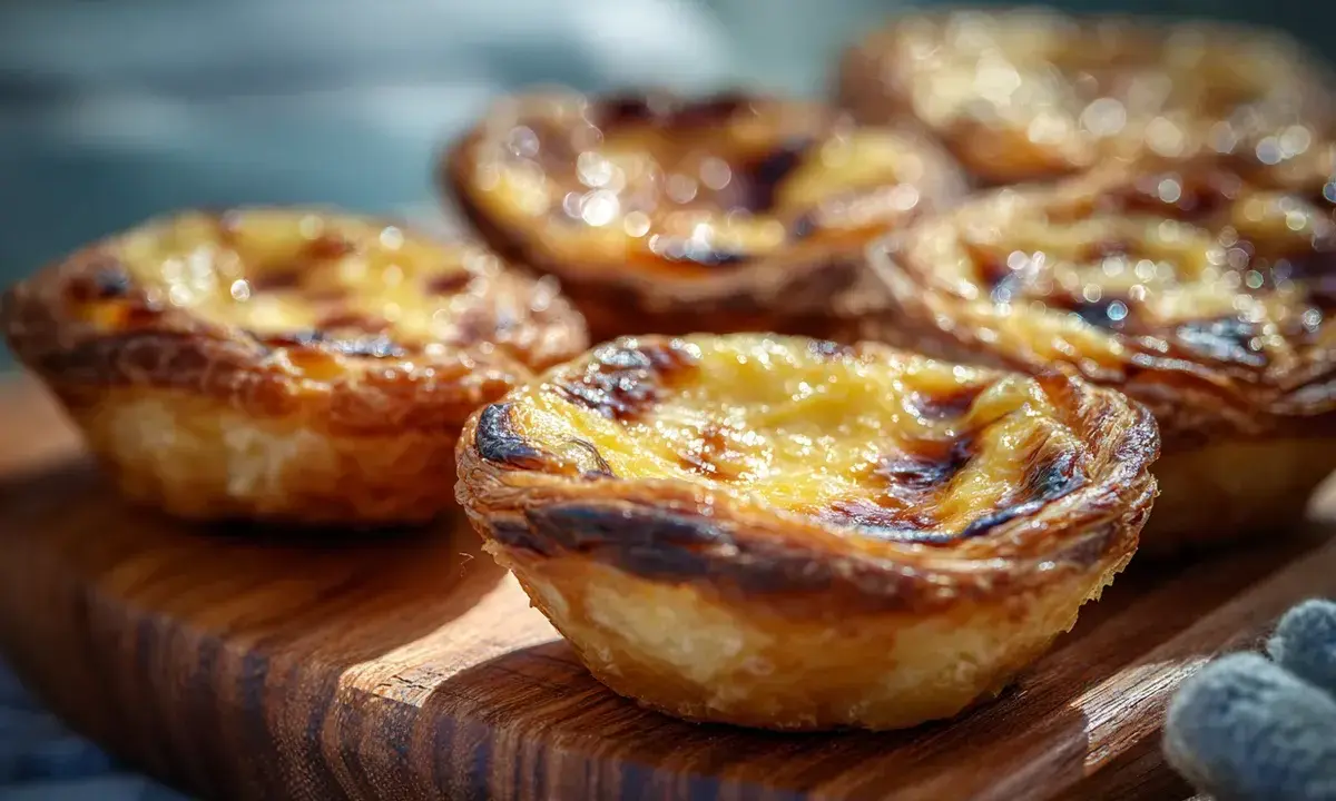 Fluffiga, gyllene pastel de nata på en träskärbräda. Krispiga kanter och krämig fyllning.