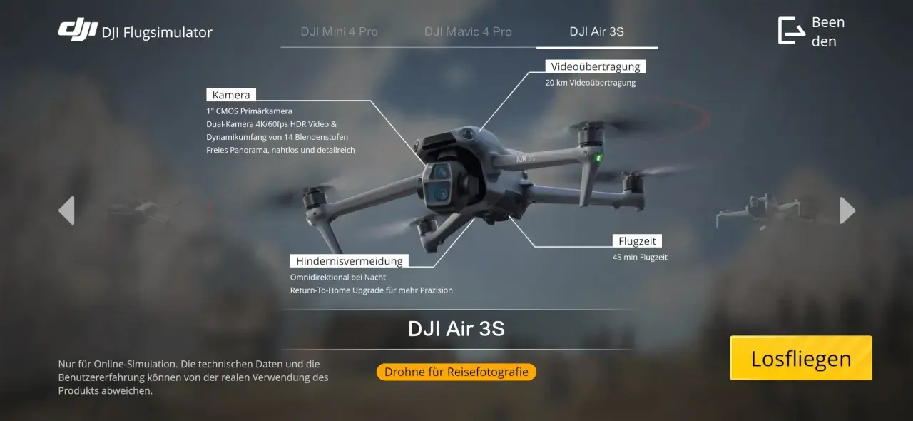 DJI Flugsimulator mit DJI Air 3S, Kamera- und Flugzeitdetails. Üben Sie mit der dji virtual flight app.