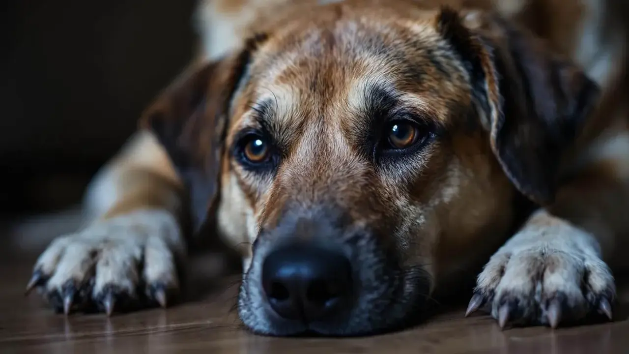 Gros plan sur un chien désorienté la nuit, le regard perdu dans le vide, couché sur le sol en bois.