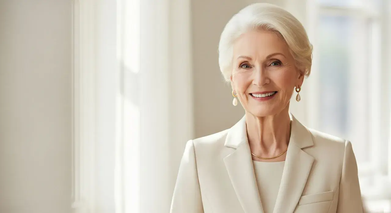 Eleganza senza tempo: come vestirsi a 70 anni e più con stile. Una donna sorride, indossa un tailleur chiaro e perle.