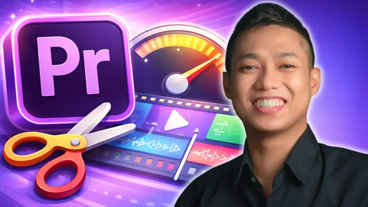 Joven sonriente junto a íconos de edición de video: tijeras, logo de Premiere y una línea de tiempo. ¡El futuro de la premiere IA!