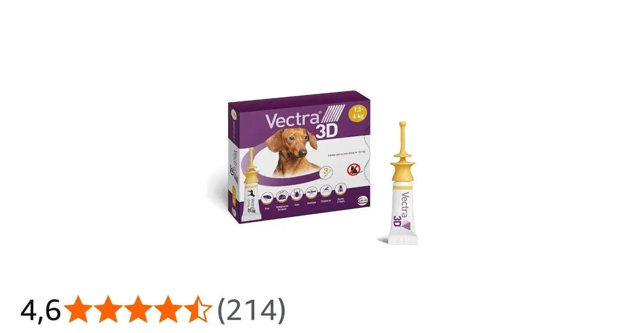 Boîte et pipette de Vectra 3D pour chien, solution antiparasitaire. Avis positifs pour ce produit.