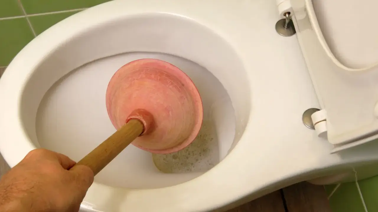 Main tenant utilise une ventouse pour déboucher le WC.