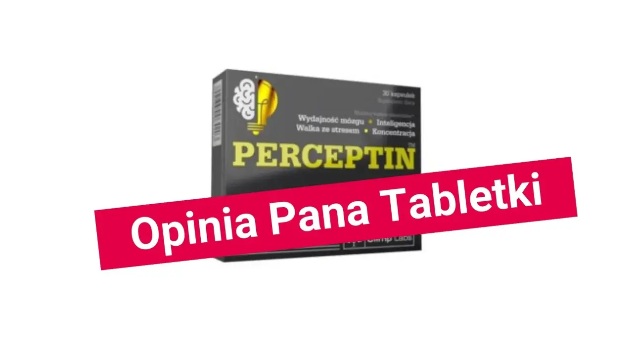 Opakowanie suplementu Perceptin, który ma poprawić co na pamięć, koncentrację i inteligencję. Czerwony pasek z napisem "Opinia Pana Tabletki".