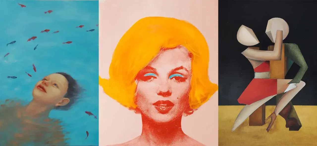 Three distinct artworks showcase figurative art: a child looking up at fish in blue water, a vibrant pop art portrait of Marilyn Monroe, and abstract dancers.