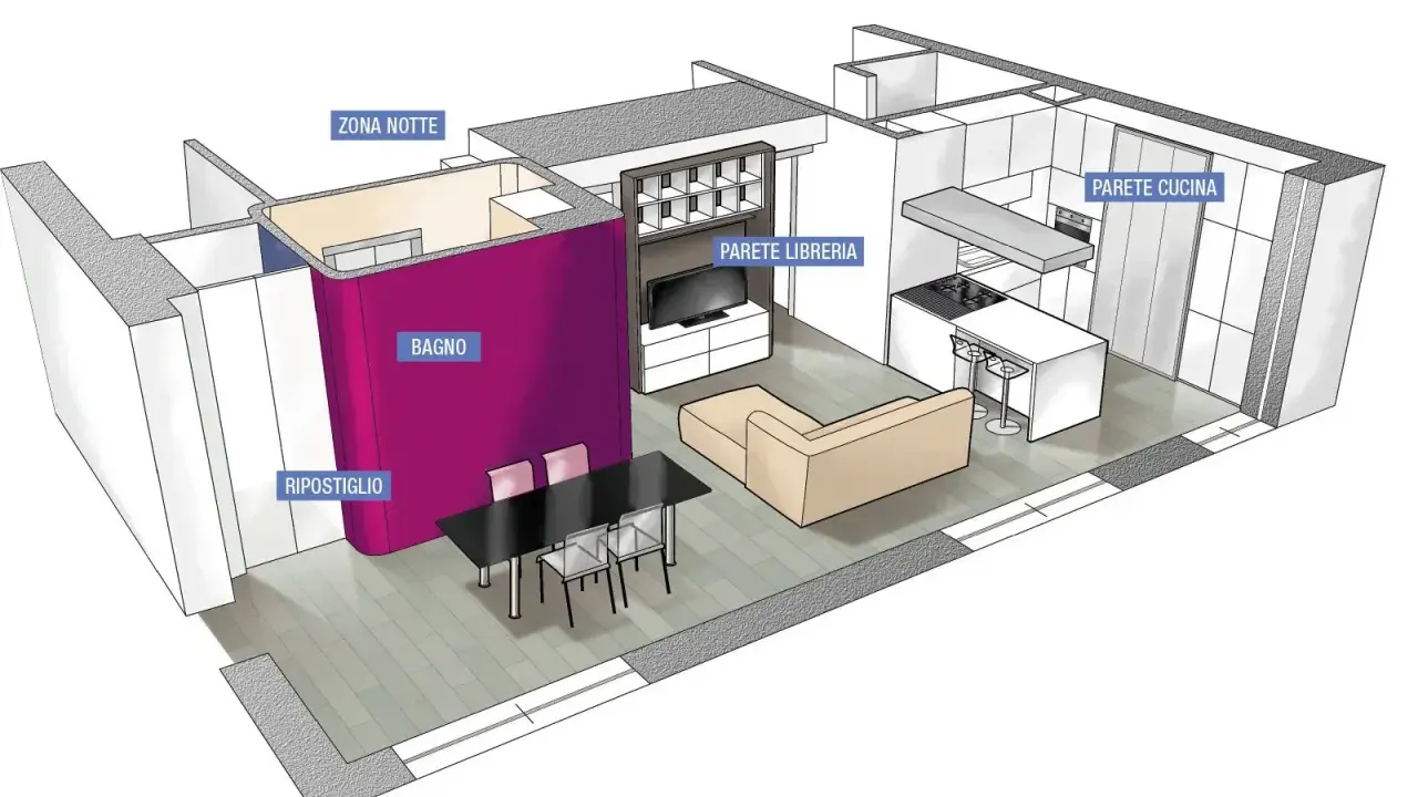Progetto per come dividere casa 100 mq: zona giorno open space con cucina a vista, zona notte separata, bagno e ripostiglio.