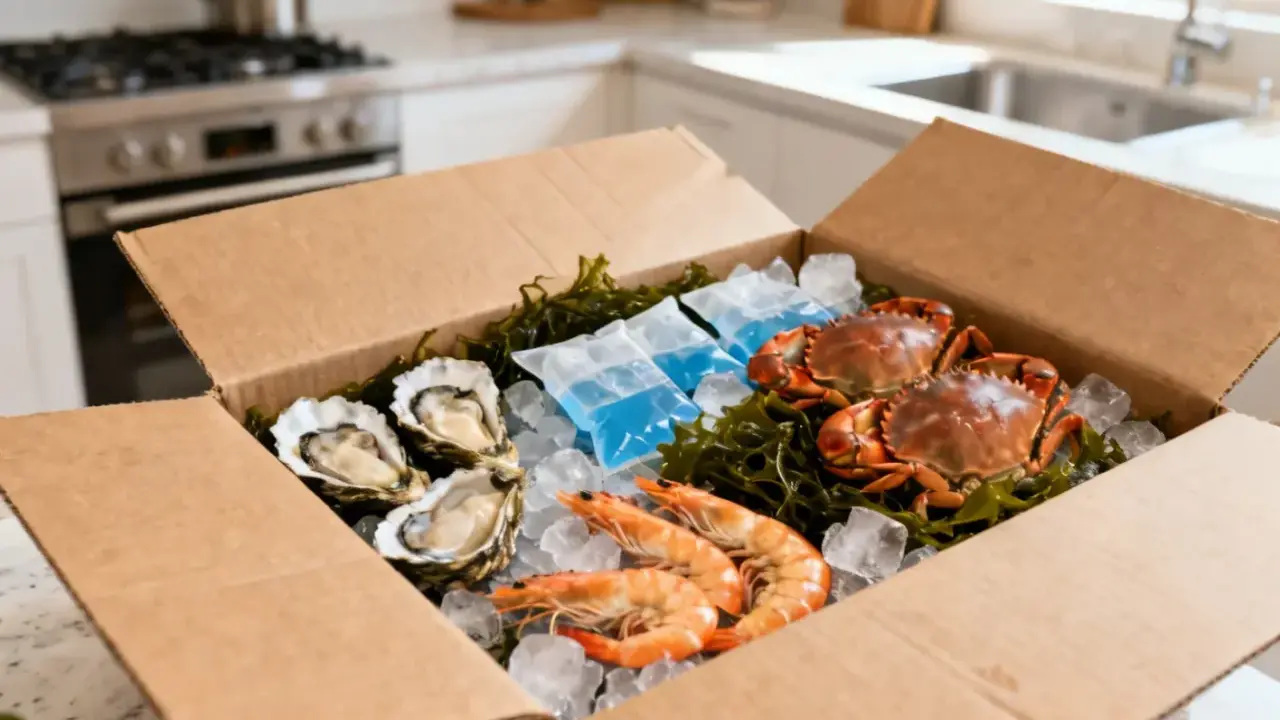 Boîte de fruits de mer frais : huîtres, crevettes et crabes, prêts pour un festin digne d'un restaurant de fruits de mer à Tours.