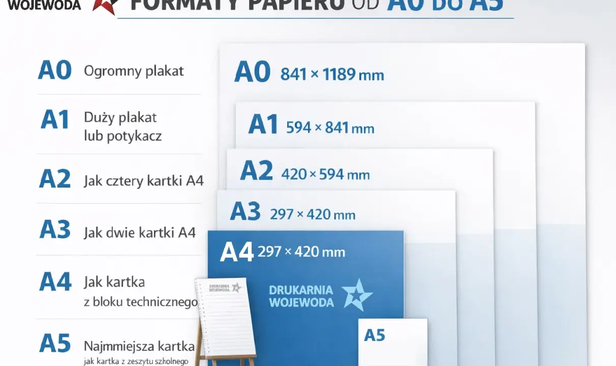 Porównanie formatów papieru od A0 do A5. Wymiary a, A1, A2, A3, A4, A5.
