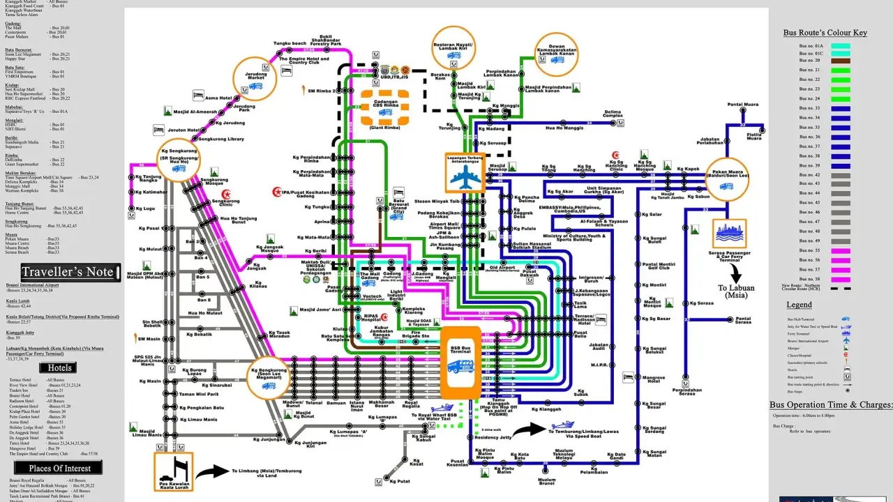 Mapa publicznych tras autobusowych Brunei-Muara z zaznaczonymi punktami, sklepami i hotelami.