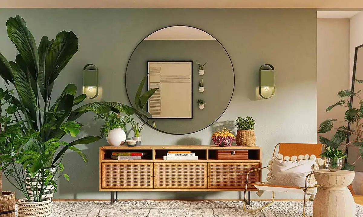 Ingresso accogliente con piante rigogliose, mobile in legno con rattan e un'opera d'arte astratta. La parete verde crea una **tabella colori caldi** rilassante.