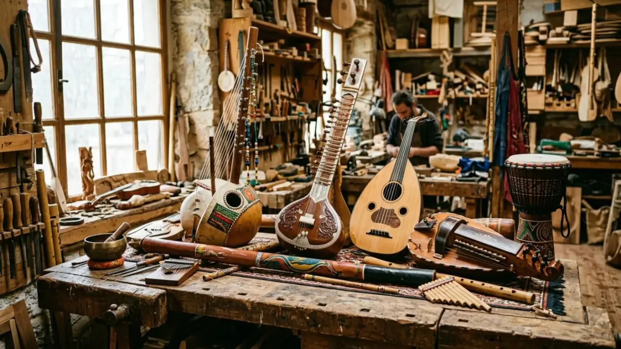 Atelier de lutherie avec un luth, un sitar et d'autres instruments de musique asie. Un artisan travaille en arrière-plan.