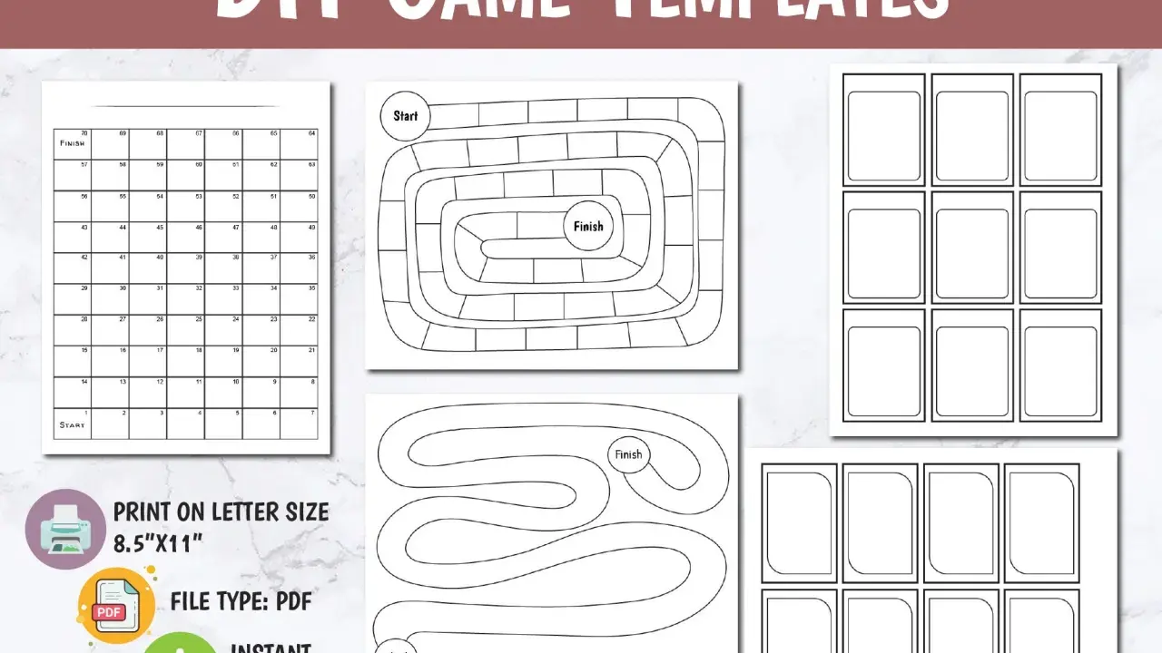 Cartellone gioco dell'oca vuoto con percorsi a spirale e rettangolari, pronto per essere personalizzato.