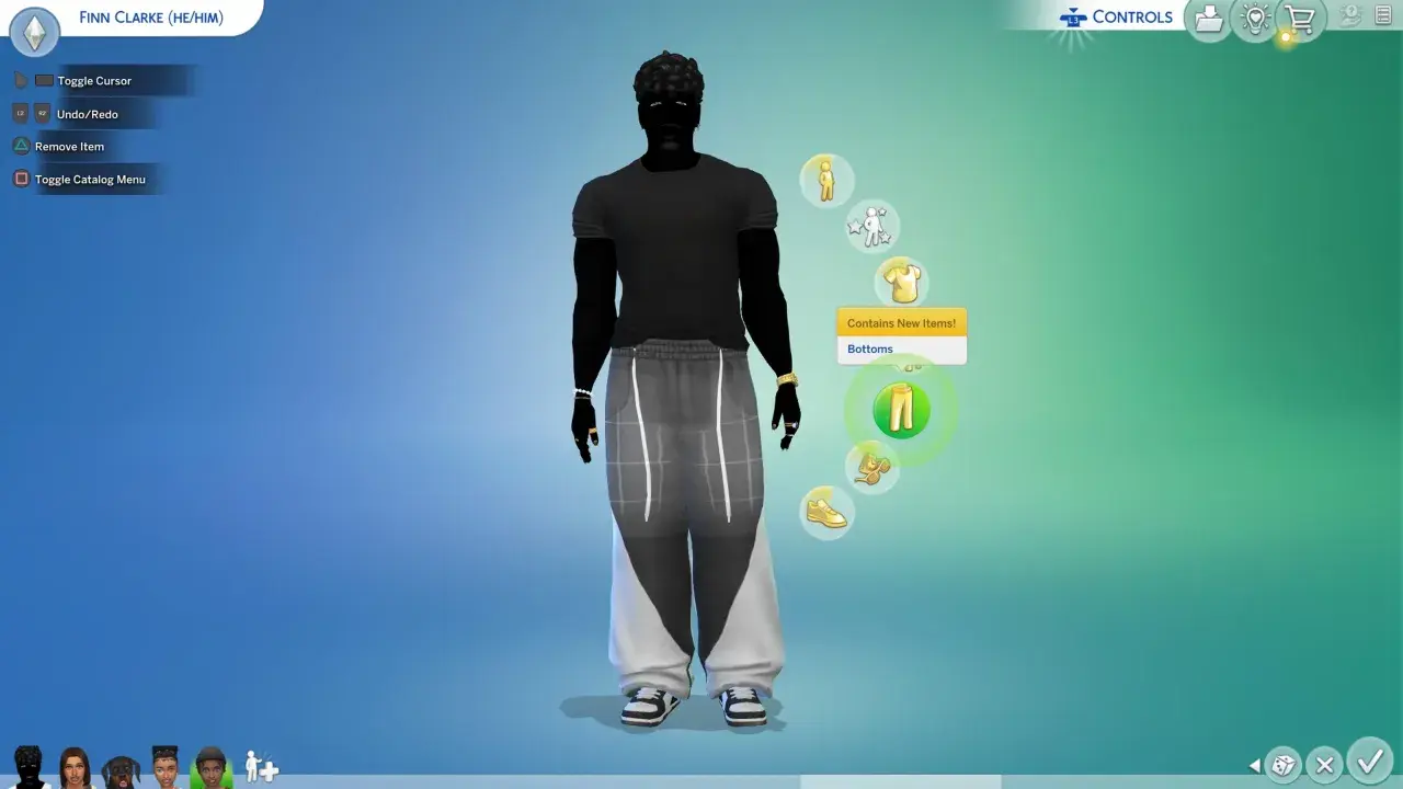 Tworzenie postaci w grze The Sims 4. Używam kod na modyfikacje sima, by dopasować ubranie.
