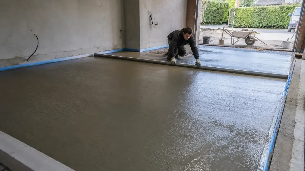 Pracownik wyrównuje świeżą wylewkę do garażu za pomocą łaty.