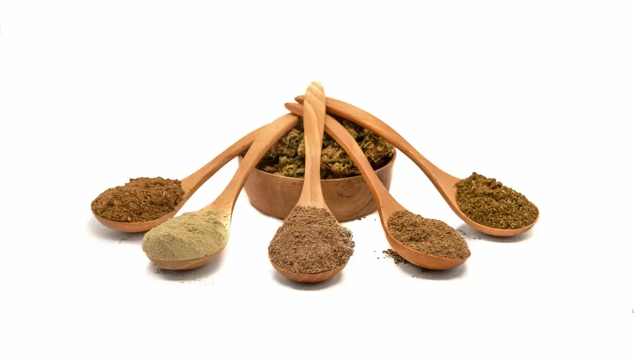 Fünf Holzlöffel mit verschiedenen Pulvern, die aus einer Schale mit getrockneten Pilzen ragen. Ideal für die Unterstützung beim Abnehmen mit Vitalpilzen.