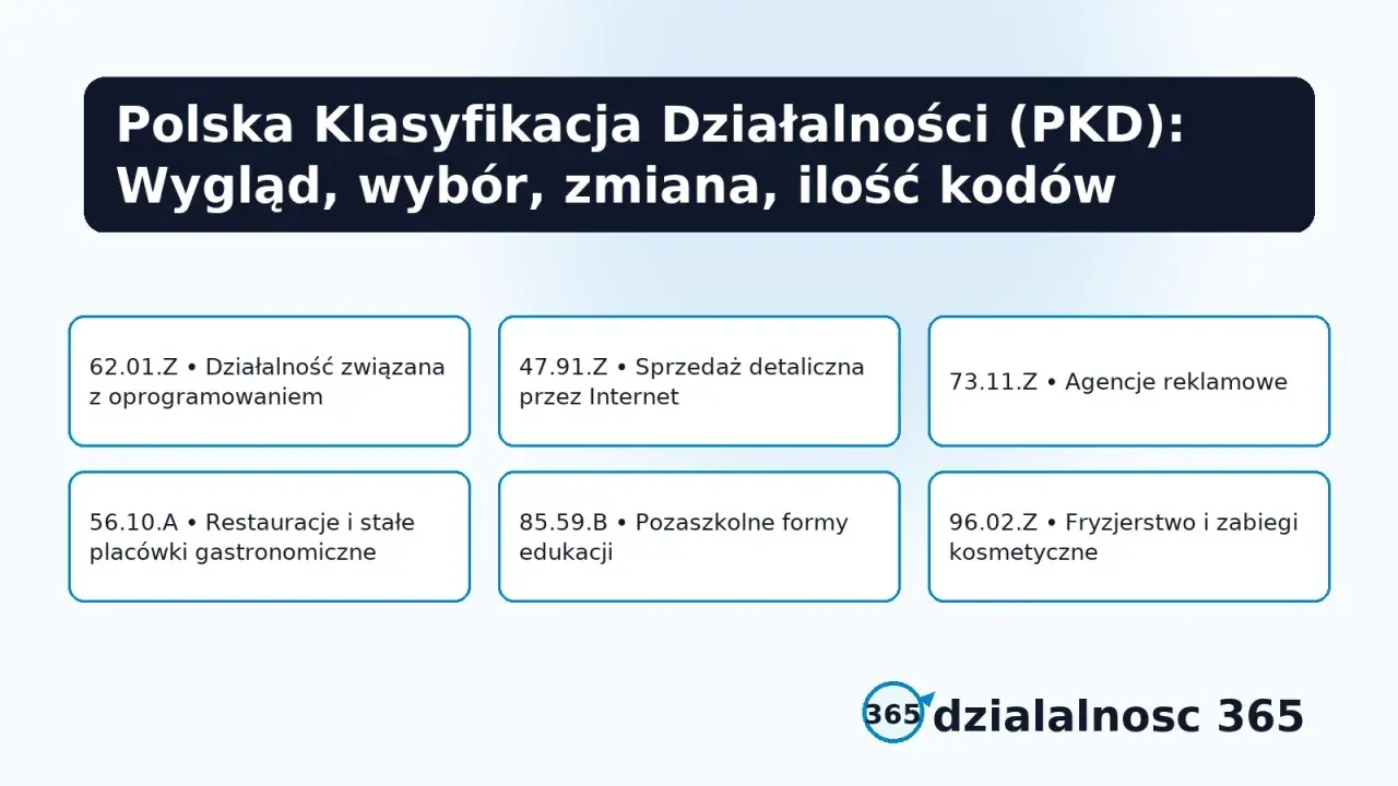 Polska Klasyfikacja Działalności (PKD) - przegląd, wybór i zmiana kodów. Przykłady: oprogramowanie, handel, gastronomia, fryzjerstwo.