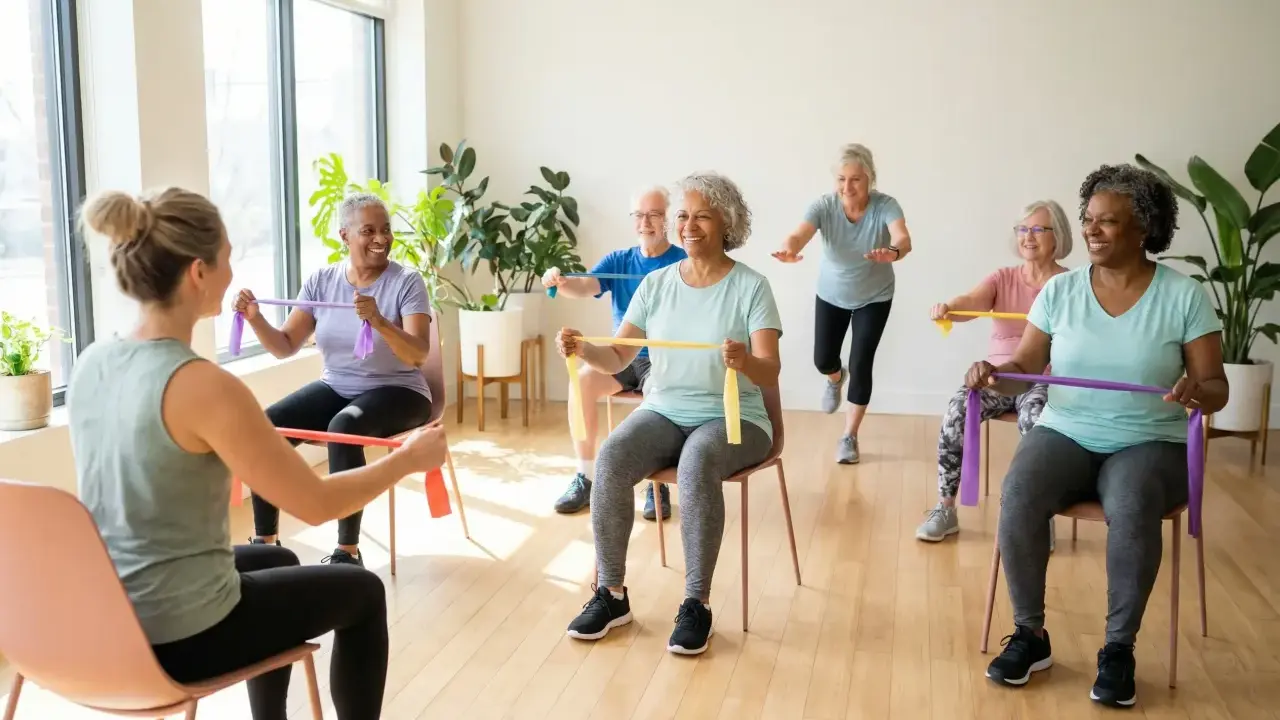 Grupa seniorów ćwiczy z gumami oporowymi, ciesząc się aktywnością w wieku geriatrycznym.