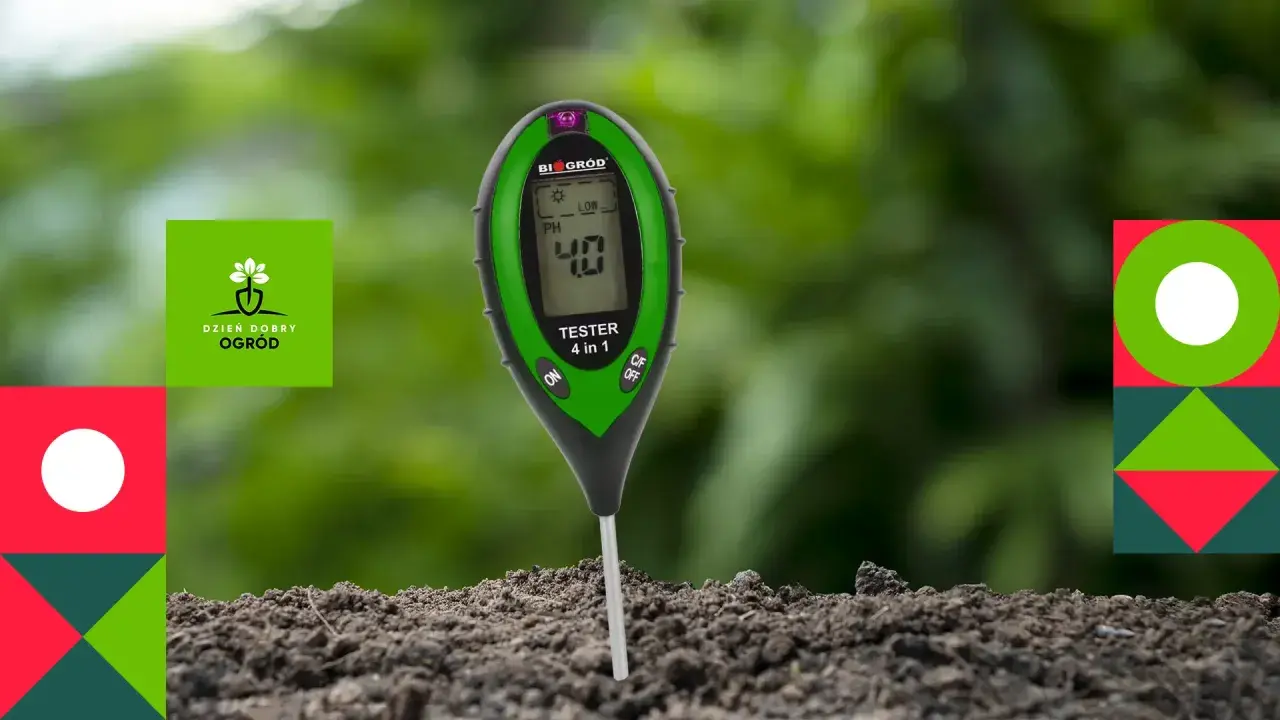 Tester pH gleby w ziemi, wskazujący niski poziom 4.0. Pomoc w odkwaszaniu gleby dla lepszego wzrostu roślin.