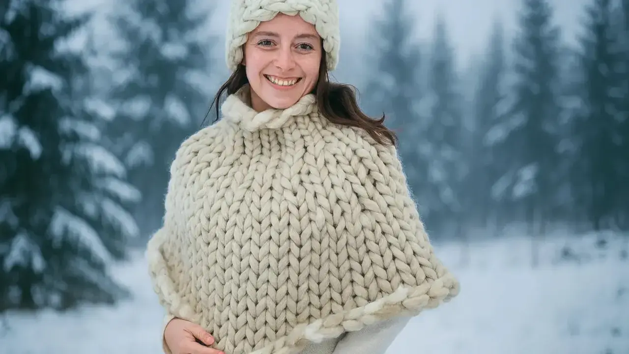 Lucila sonríe, abrigada con un poncho tejido grueso y un gorro, en un bosque nevado.