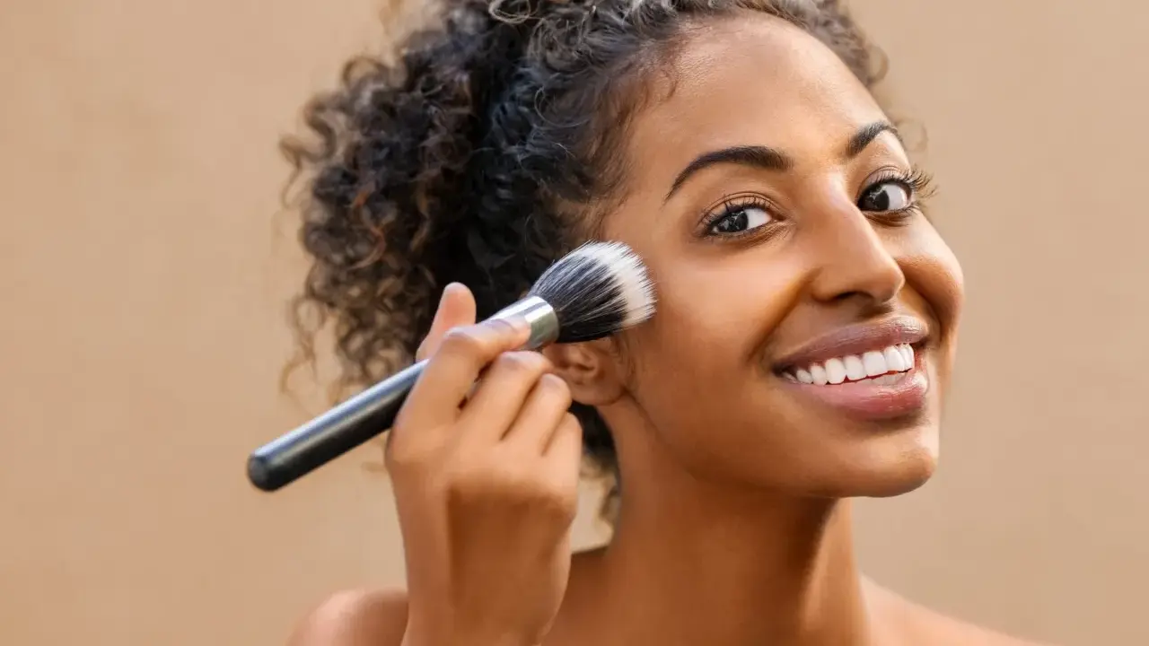 Donna sorridente applica il fondotinta con un pennello. La sua pelle luminosa è il risultato di cosmetici nichel free.